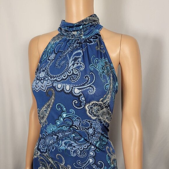 NWT Ariella Women's Mock/High Neck Sleeveless Blue Pattern Slit Maxi Dress Sz L - Picture 3 of 14